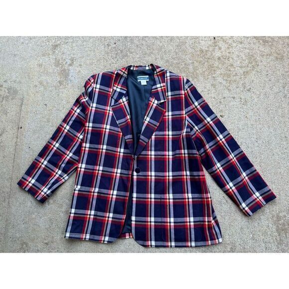 VTG 70s PENDLETON 100% Wool Red Blue White Tartan Plaid Blazer Jacket‎ Large - Picture 1 of 5